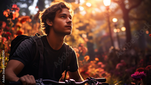  Gen Z cyclist is lost in the golden glow of autumn during a peaceful ride, a moment reflecting dedication to wellness and the outdoors