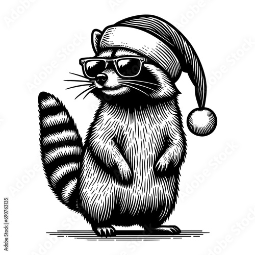 cool raccoon wearing sunglasses and Christmas hat vector sketch photo