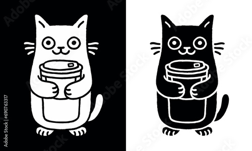 Cat drinking coffee illustration. Cute kitten holding a large takeaway coffee cup. Black and white kawaii ink drawing art. Cats and coffee lovers vector design for stickers and printable products.