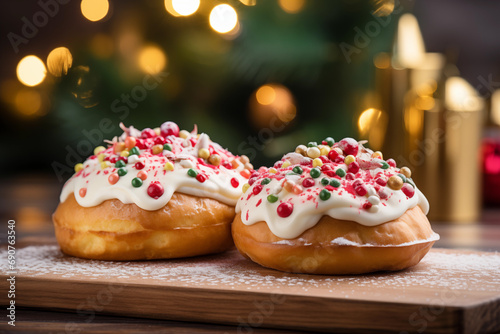 sweet cake with berries on a beautiful christmas background