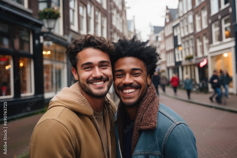 Portrait of happy gay male couple in the city street Portrait of happy gay male couple in the city street