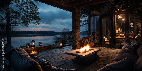 cozy back porch with fire pit and calm lake view photo