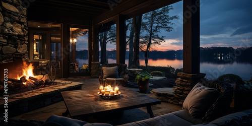cozy back porch with fire pit and calm lake view