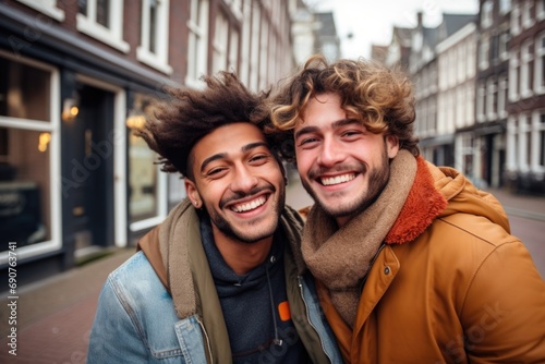 Portrait of happy gay male couple in the city street