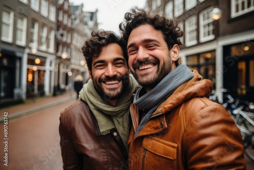 Portrait of happy gay male couple in the city street © Baba Images