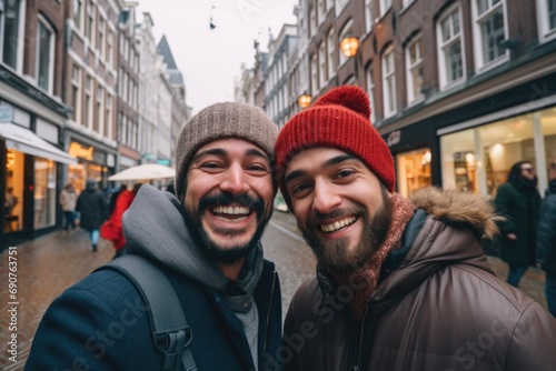 Smiling portrait of happy male gay couple in city during Christmas