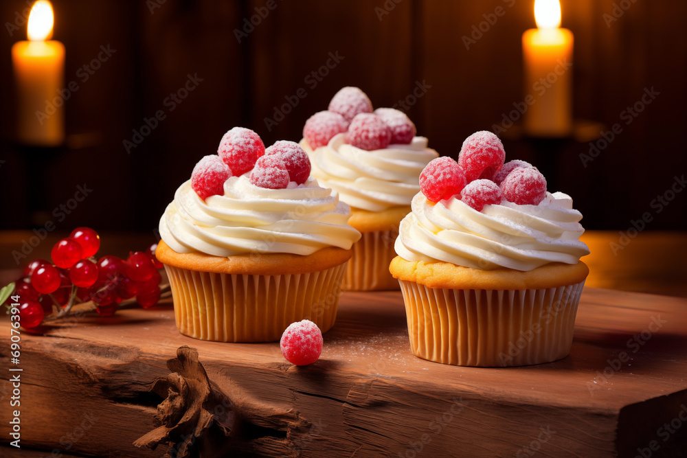 sweet cake with berries on a beautiful christmas background