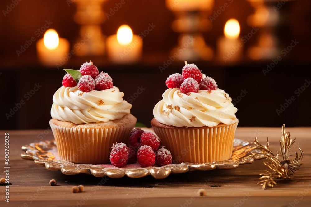sweet cake with berries on a beautiful christmas background