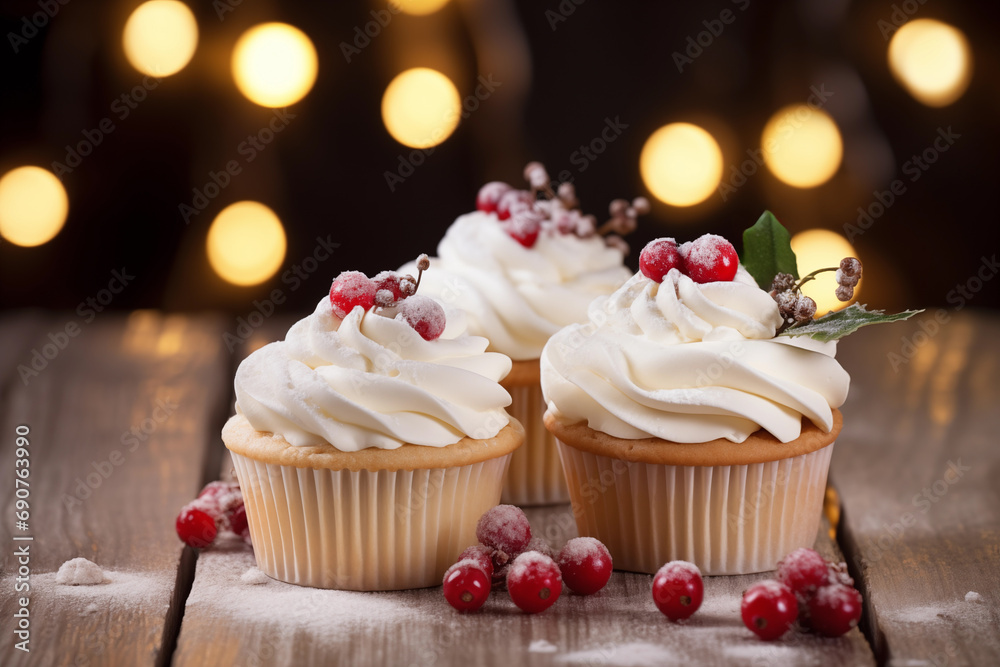 sweet cake with berries on a beautiful christmas background