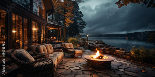 cozy back porch with fire pit and calm lake view photo