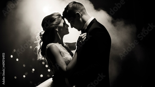 a couple of woman and man dance hugging each other, dressed as a wedding, in black and white.concept of wedding, love, valentine's day