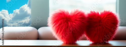 Two fluffy red fur hearts, puffy for Valentine's Day, on the background of a house in cold tones, concept of love, valentine's day, wedding day.