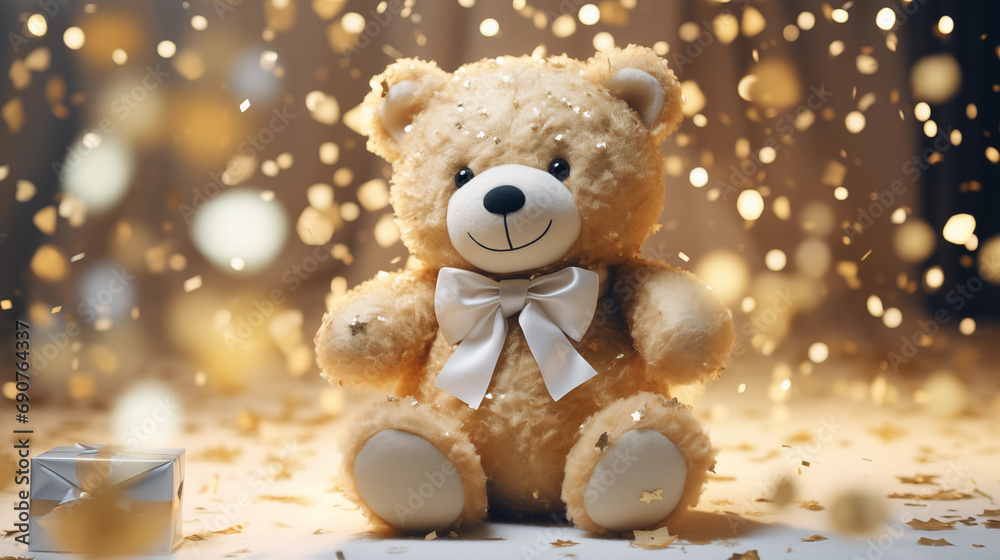 a teddy bear standing in front of gold confetti a teddy bear standing in front of gold confetti
