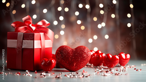 composition with a red hearts and red gift boxes with sequins, blurred warm toned background with bohen, copy space. Generated by artificial intelligence photo