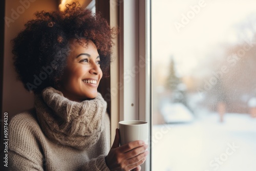 Woman drinking warm drink in house looking out window