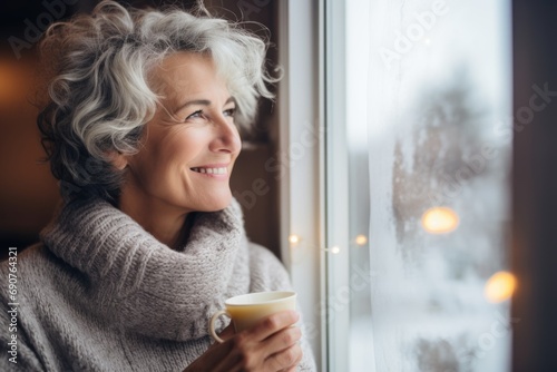 Woman drinking warm drink in house looking out window photo