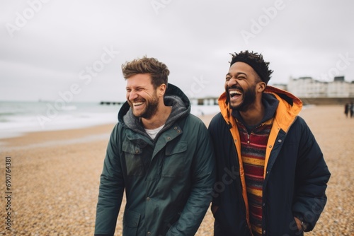Smiling male gay couple walking on the beach