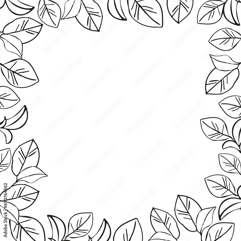 Tea leaves plant banner frame, hand drawn line art vector illustration for surface design, card or wedding invite