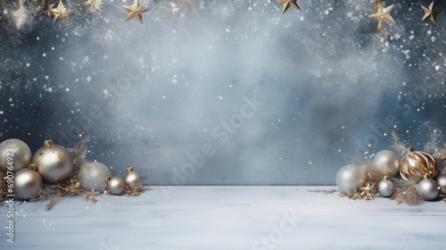 some golden and silver christmas ornaments are arranged on a snow covered background. dozens of silver and gold christmas balls in snow.