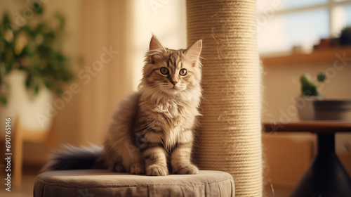 Cute funny fluffy striped little kitty next to a scraper