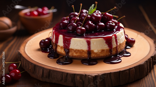 simple cherry cheese cake on the wooden board with a drizzle of sauce and cherries