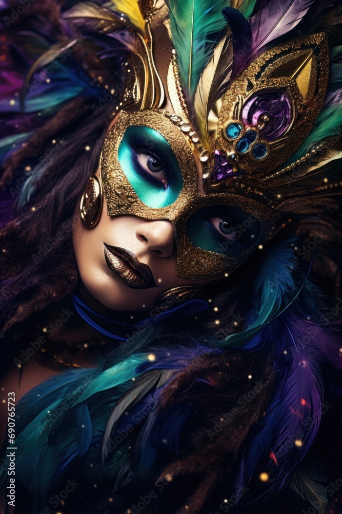Fototapeta premium Margi Gras mask, Woman portrait with venetian carnival mask festive concept 