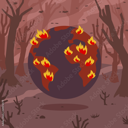 Planet earth burn in fire. Vector flat illustration