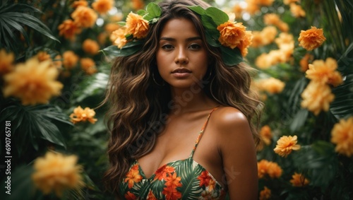 Girl in a dress in a flower garden