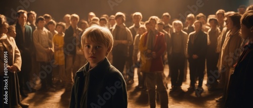 A boy in front of a crowd of adults indoors