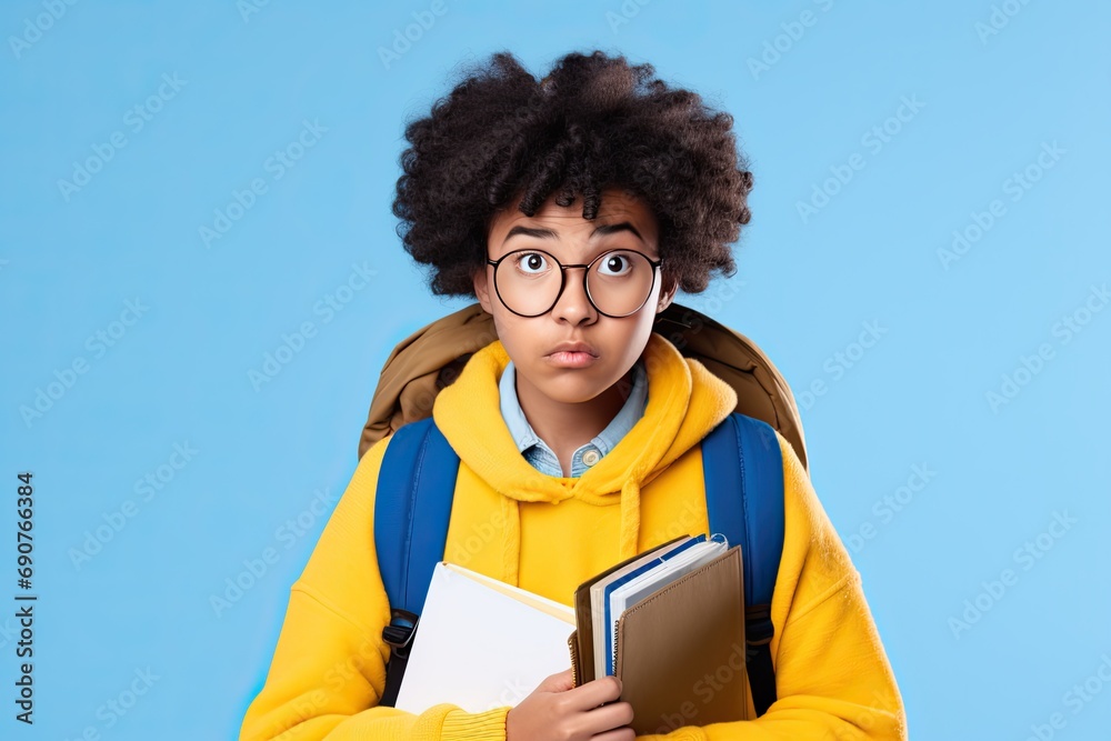 A surprised and stylish black teenager with a hoodie and eyeglasses, holding a notebook and wearing a backpack.