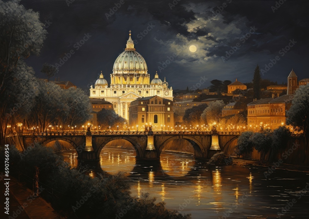 saint peter basilica night city view in style of illustration wall art poster