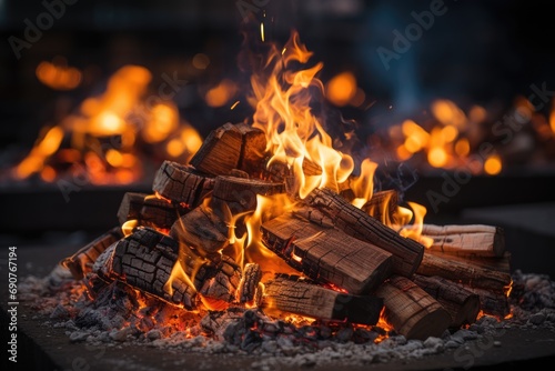 Burning logs with orange flame in fireplace, closeup 
