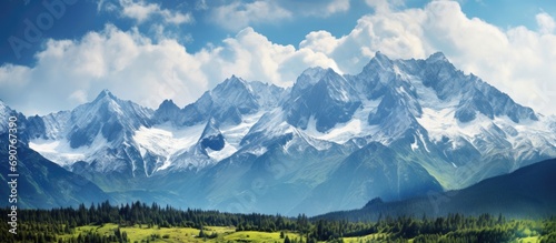 View of mountain peaks in spring time in High Tatras. Copyspace image. Header for website template