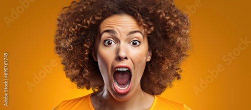 Young brunette woman with curly hair football hooligan holding ball in shock face looking skeptical and sarcastic surprised with open mouth. Copyspace image. Header for website template photo