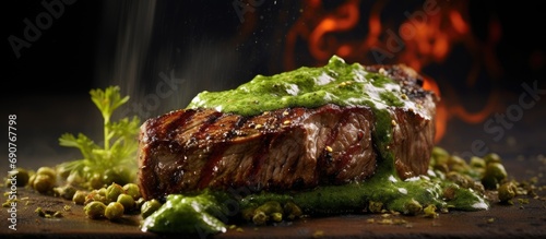 Tenderloin Steak with Green Pepper Sauce or Filet Mignon and Sauce Pouvre Vert. Copyspace image. Header for website template photo
