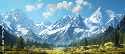 View of mountain peaks in spring time in High Tatras. Copyspace image. Header for website template photo