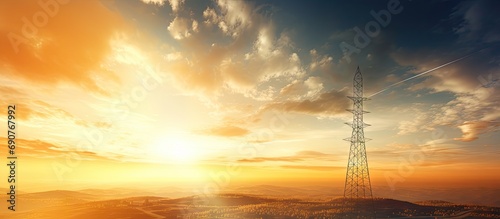 Telephone tower radio tower during sunset Telecommunication Tower for 2G 3G 4G 5G network Cellular phone antenna BTS microwave repeater base station IOT telecommunication tower on golden sky photo