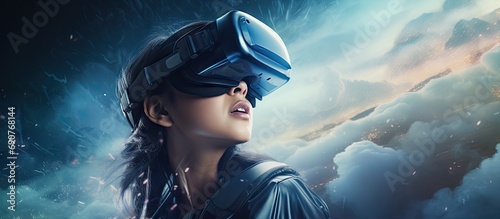 Young asian woman wearing VR goggles Virtual reality Digital contents. Copyspace image. Header for website template