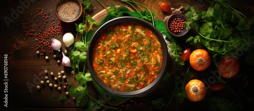 Vegetarian vegetable lentil soup with fresh parsley healthy eating top view. Copyspace image. Header for website template