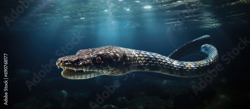 Venomous sea snake Yellow lipped sea krait Laticauda colubrina swimming over the seabed Tropical sea animal scuba diving with the marine life Poisonous sea snake underwater. Copyspace image © vxnaghiyev
