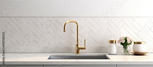Sink detail shot in a luxury kitchen with herringbone backsplash tiles white marble countertop and gold faucet. Copyspace image. Header for website template photo