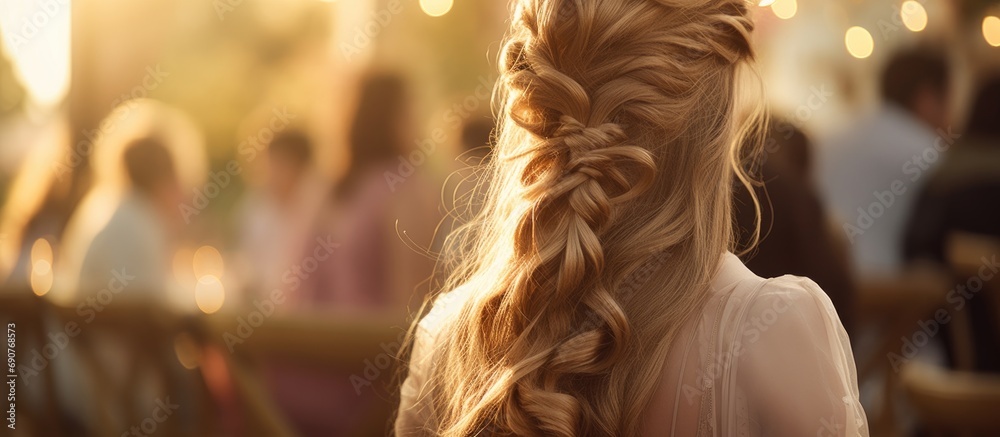 Young girl with braid or plait hairstyle long hair in a wedding ceremony. Copyspace image. Header for website template - obrazy, fototapety, plakaty 