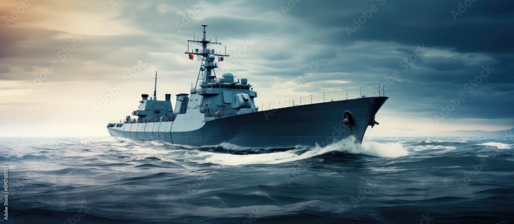 warship view navy forces at sea ship sailing at sea. Copyspace image. Header for website template - obrazy, fototapety, plakaty 