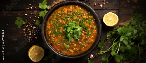 Vegetarian vegetable lentil soup with fresh parsley healthy eating top view. Copyspace image. Header for website template