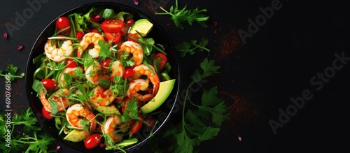 Shrimp arugula salad with avocado slices high angle view of ready to eat keto friendly dish simple and healthy recipe. Copyspace image. Header for website template © vxnaghiyev