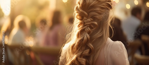 Young girl with braid or plait hairstyle long hair in a wedding ceremony. Copyspace image. Header for website template photo