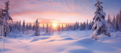 Winter sunset in Pallas Yllastunturi National Park Lapland northern Finland. Copyspace image. Header for website template