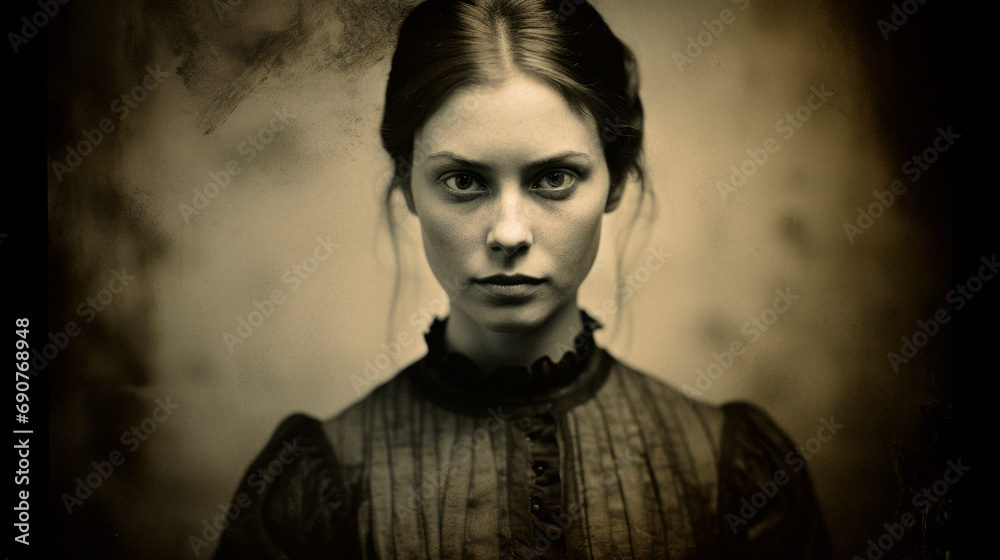 portrait, woman, 30 year old, 1800s, collodion, style, old photographic style, face, fashion, model, expression, people, beauty, studio, looking, one, suit, handsome, AI generate.
