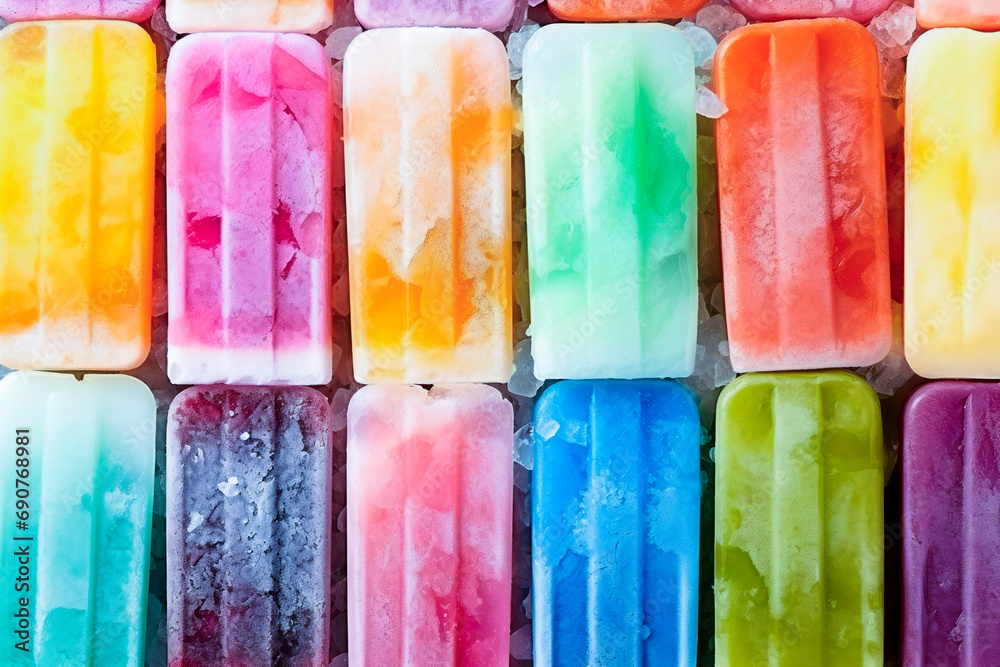 a group of multicolored frozen popsicles arranged geometrically, photographed from above. AI generated