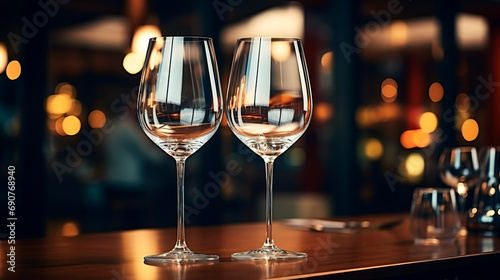 two empty wine glasses standing placed in a restaurant restaurant, interior with warm light
